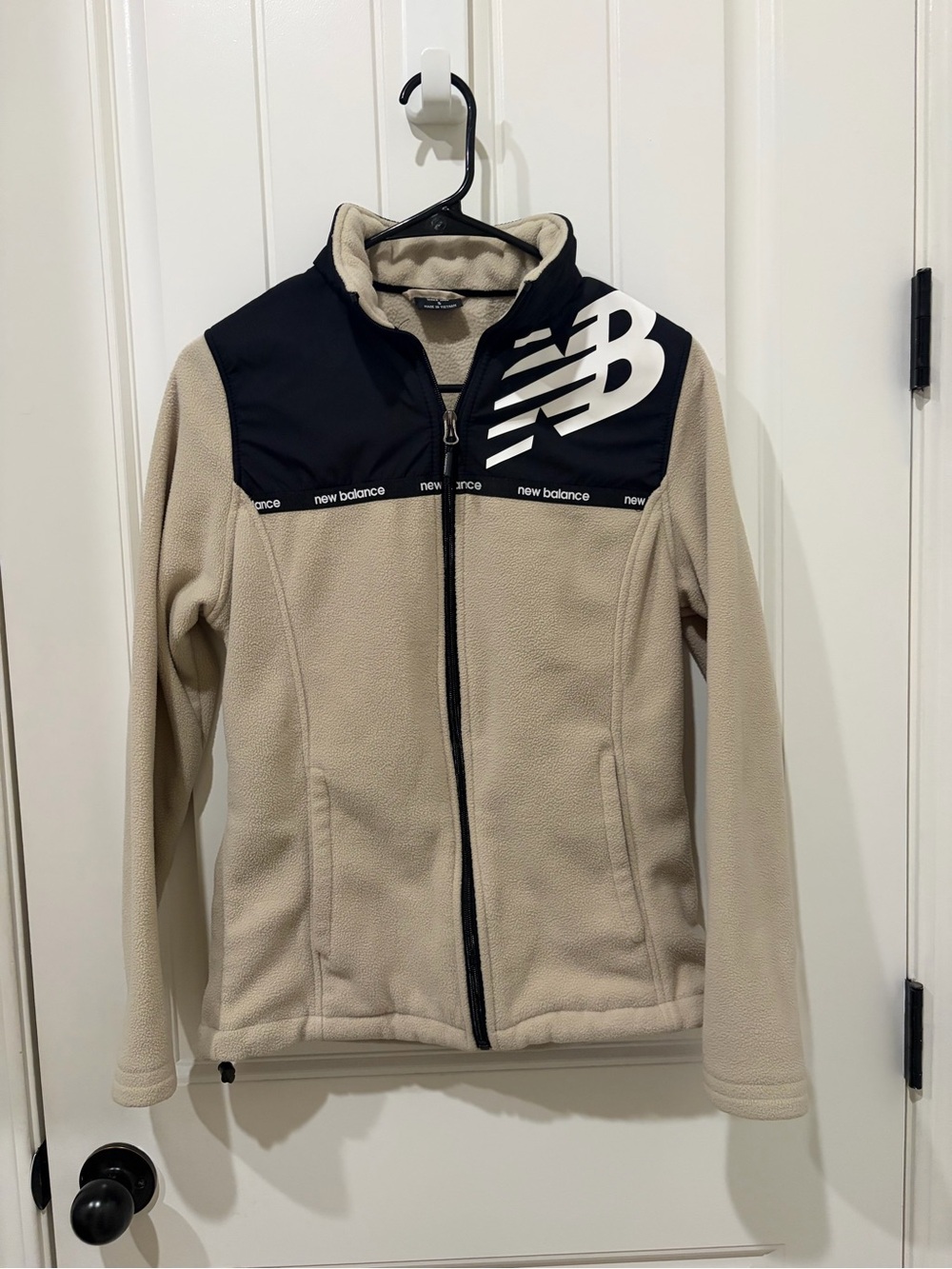 New Balance Beige Fleece Jacket with Black Shoulder Panel and Logo